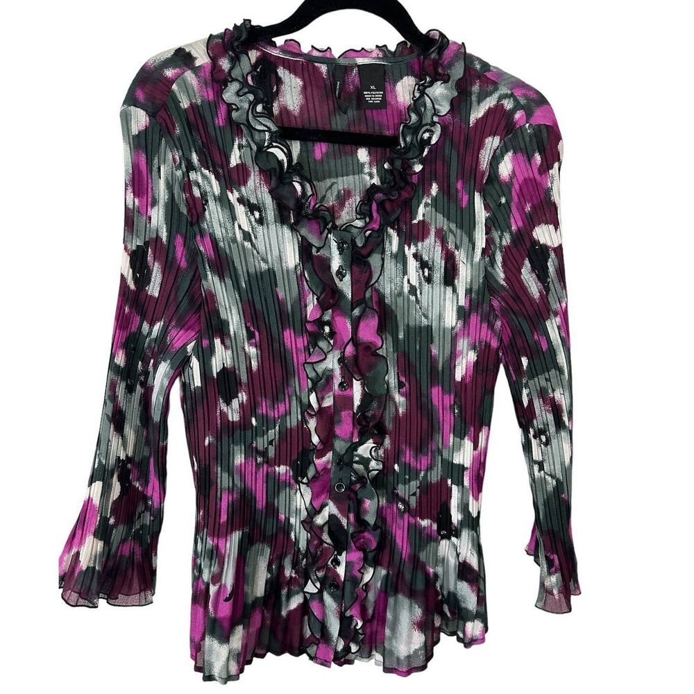 New Directions‎ Women's NEW SZ XL Polyester Ruffle Neck Top Black, Purple, Gray